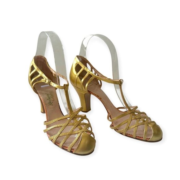 Vintage 1940s Gold T-Strap Flapper Heels by Radiant Styles – Mid Century Glamour - Picture 4 of 14
